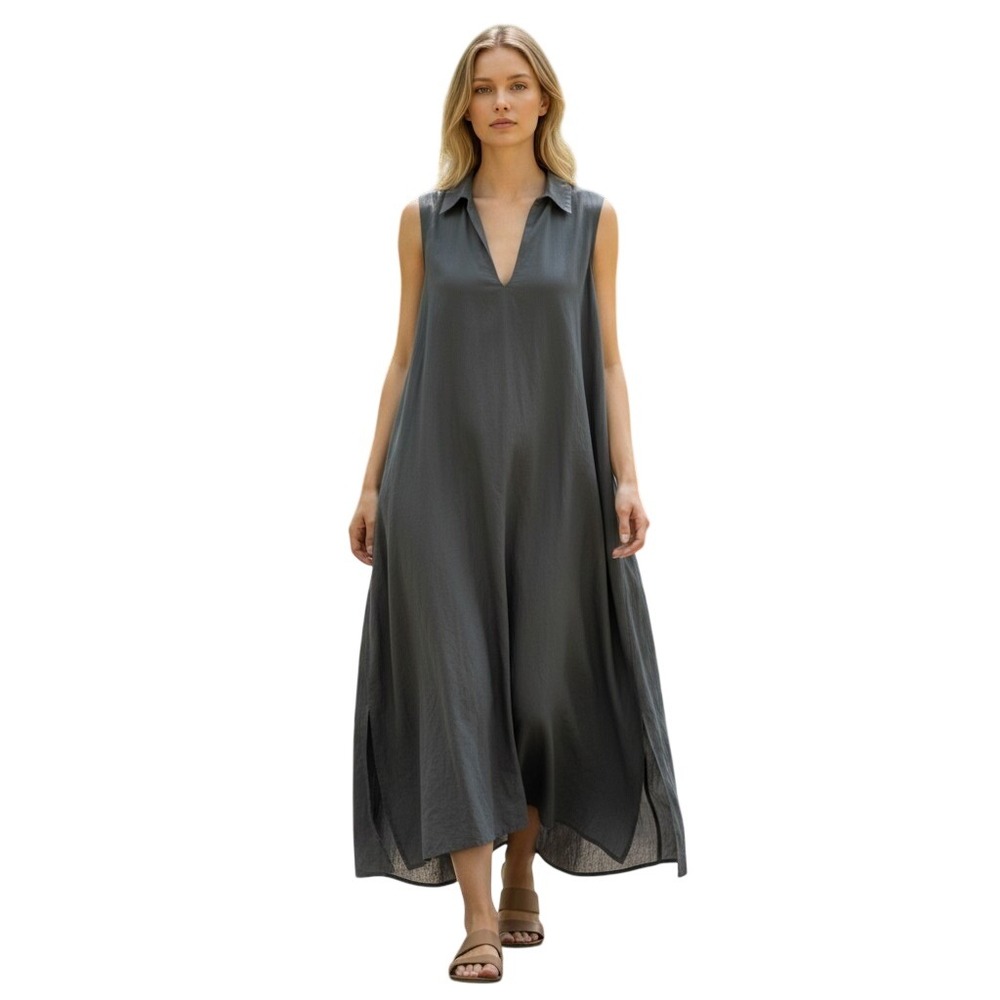 Womens Cotton Linen Lagenlook Maxi‎ Dress Sleeveless Minimalist M Black
